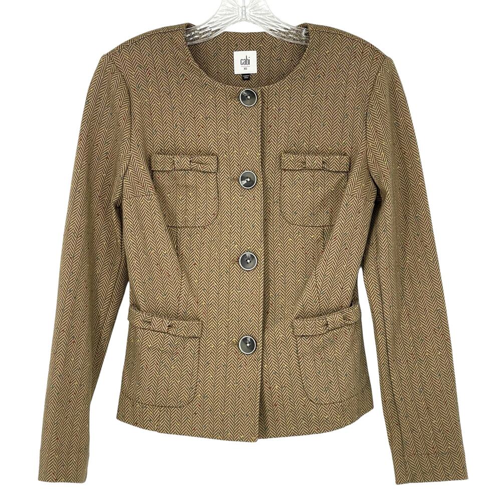 Cabi Tan Striped Herringbone Blazer Sz XSmall Bow Pockets Quiet Luxury Preppy - Picture 1 of 16